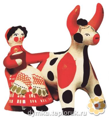 Дымковская игрушка "Доярка с коровой"