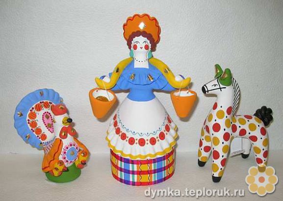 Дымковская игрушка "Индюк, водоноска и лошадка"